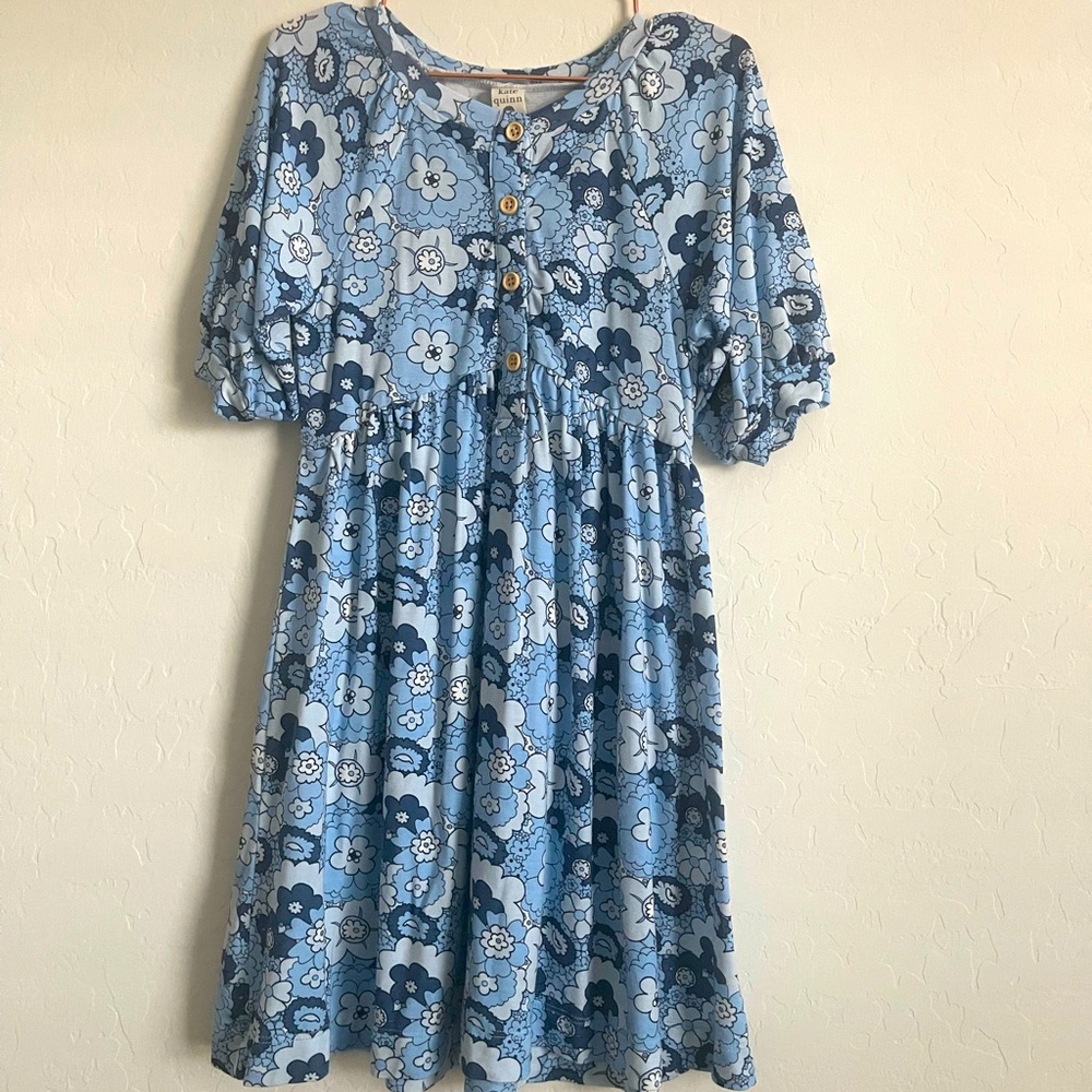 Half Sleeve gathered Henley dress, Air Blue 60’s, Bamboo